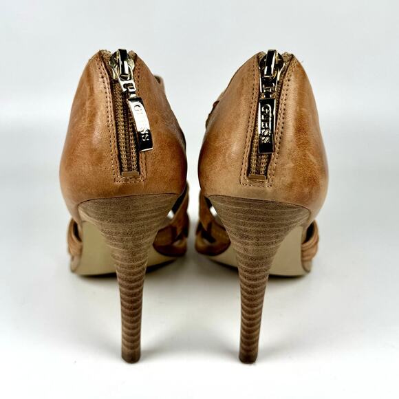 GUESS Women’s Strappy High Heel Sandals Tan Leather Open Toe Pumps Size 7.5 - Picture 6 of 10